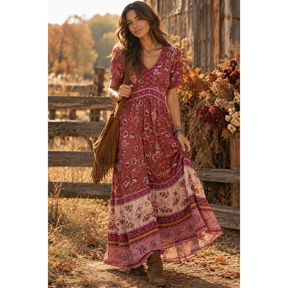 Knox Rose Red Pink Floral Boho Tiered V-Neck Maxi Dress Small